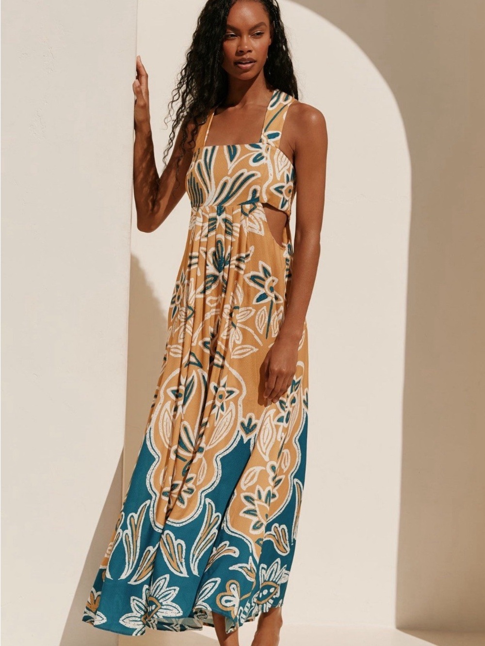 Mustard & Teal Floral Maxi Sundress with Wide Straps from Anthropologie